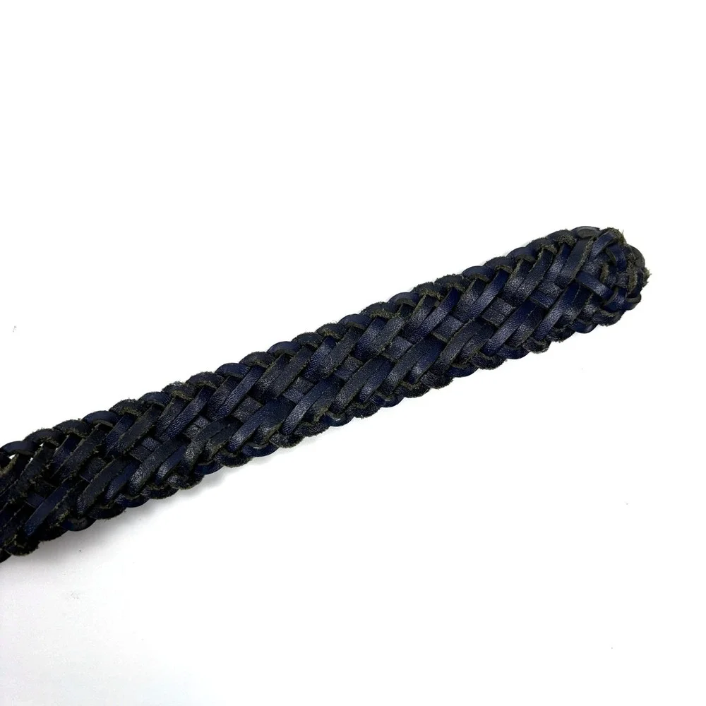 VTG 80s Chic Brand Braided Genuine Leather Belt Womans Sz L Navy Blue‎ Gold Tone